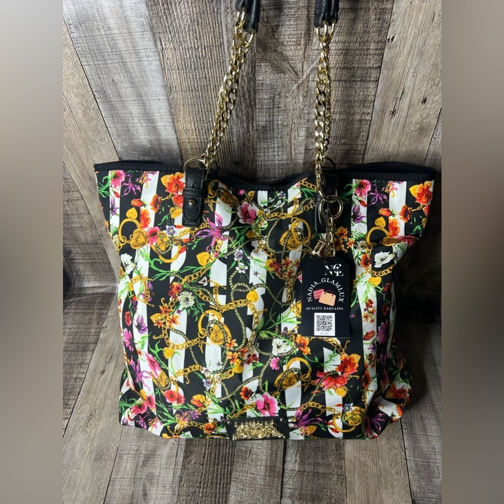 Juicy Couture Black Multi Floral Nylon Weekend Warrior Large Tote Bag